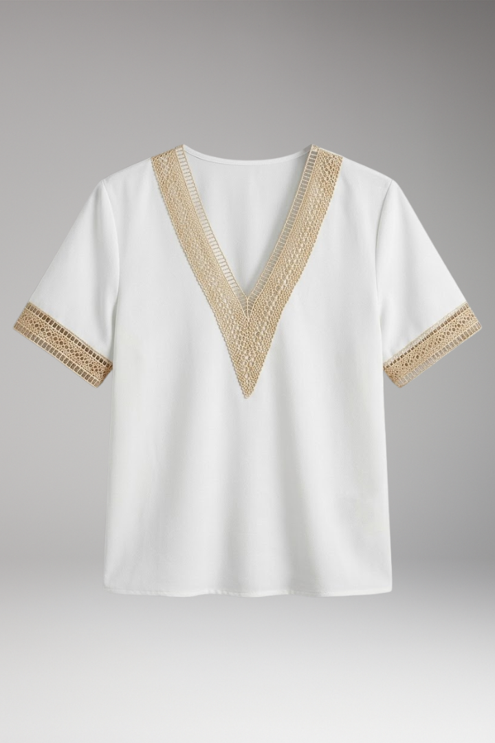 Women's T-Shirt with V-Neck and Crochet Trim