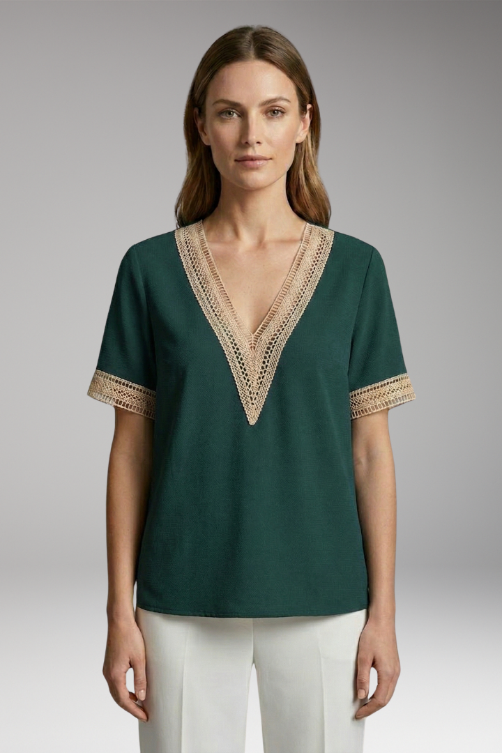 Women's T-Shirt with V-Neck and Crochet Trim