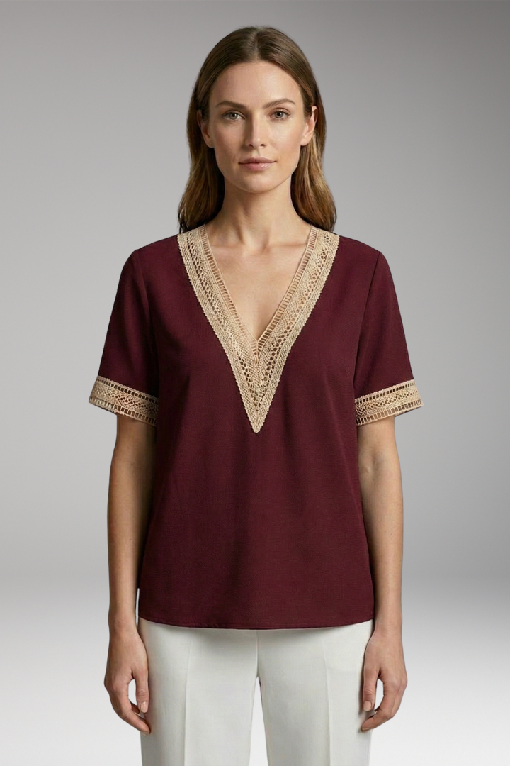 Women's T-Shirt with V-Neck and Crochet Trim