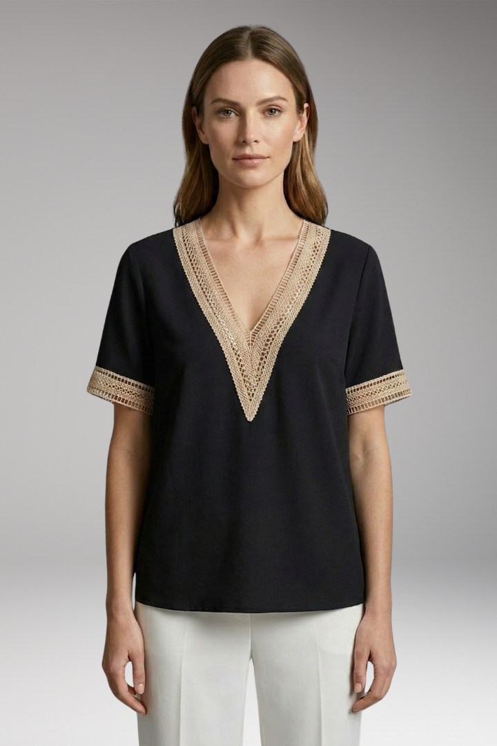 Women's T-Shirt with V-Neck and Crochet Trim