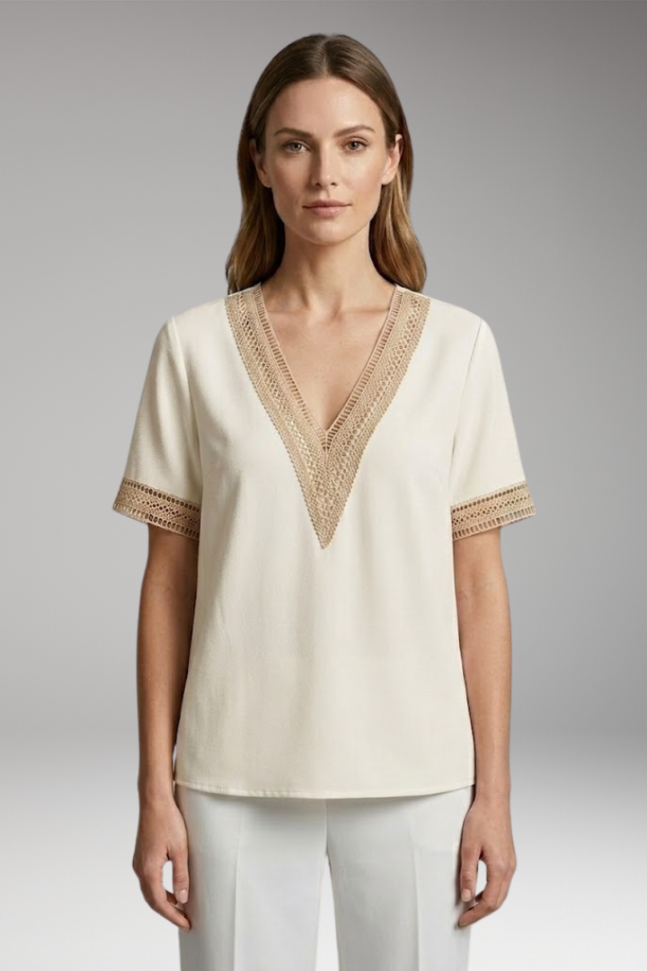 Women's T-Shirt with V-Neck and Crochet Trim