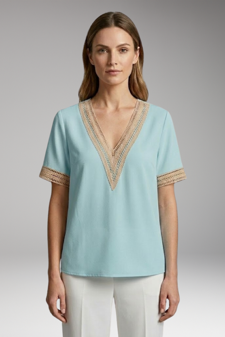 Women's T-Shirt with V-Neck and Crochet Trim