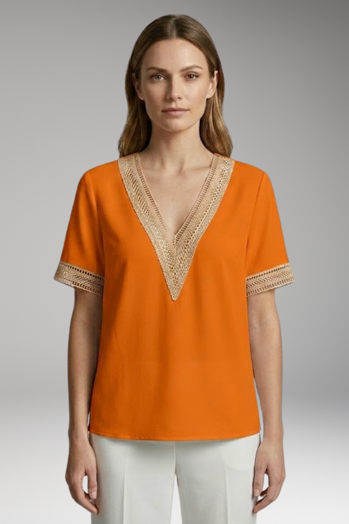 Women's T-Shirt with V-Neck and Crochet Trim