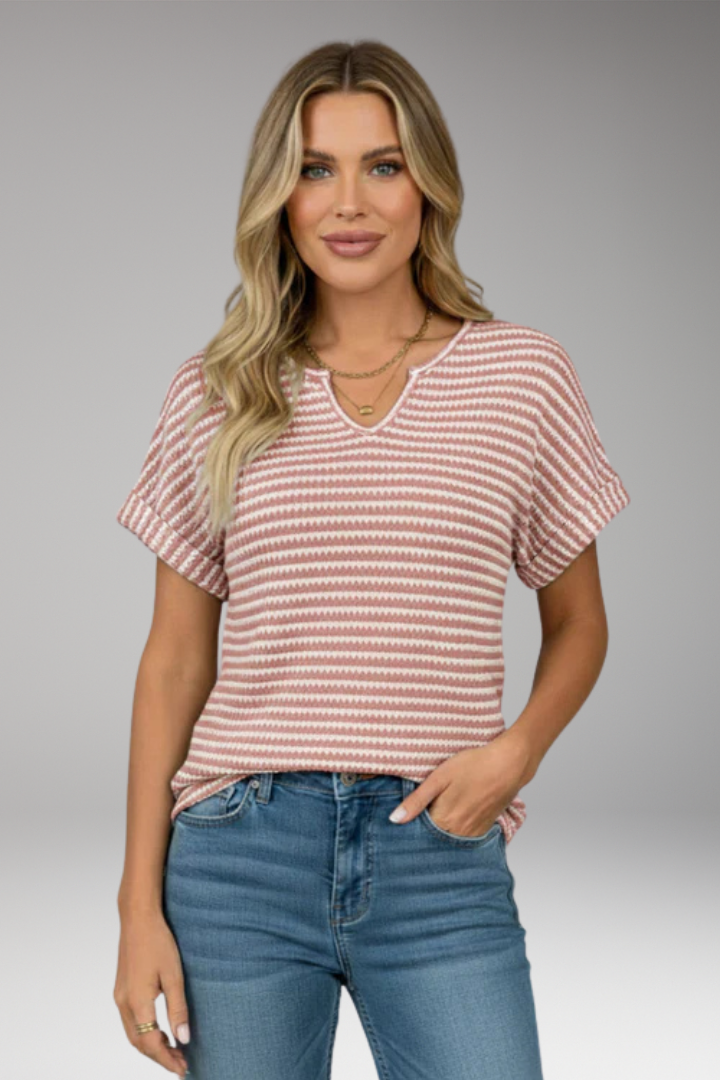 Women's T-Shirt with V-Neck and Striped Surface