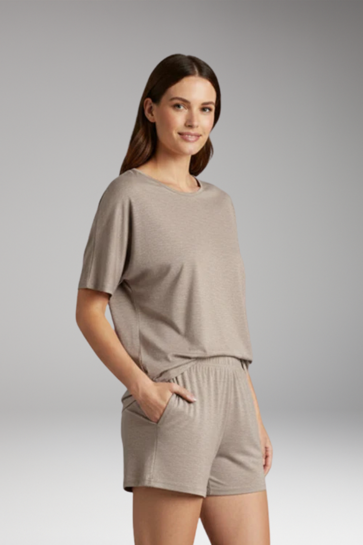 Women's T Shirt and Shorts Set with Round Neck Top
