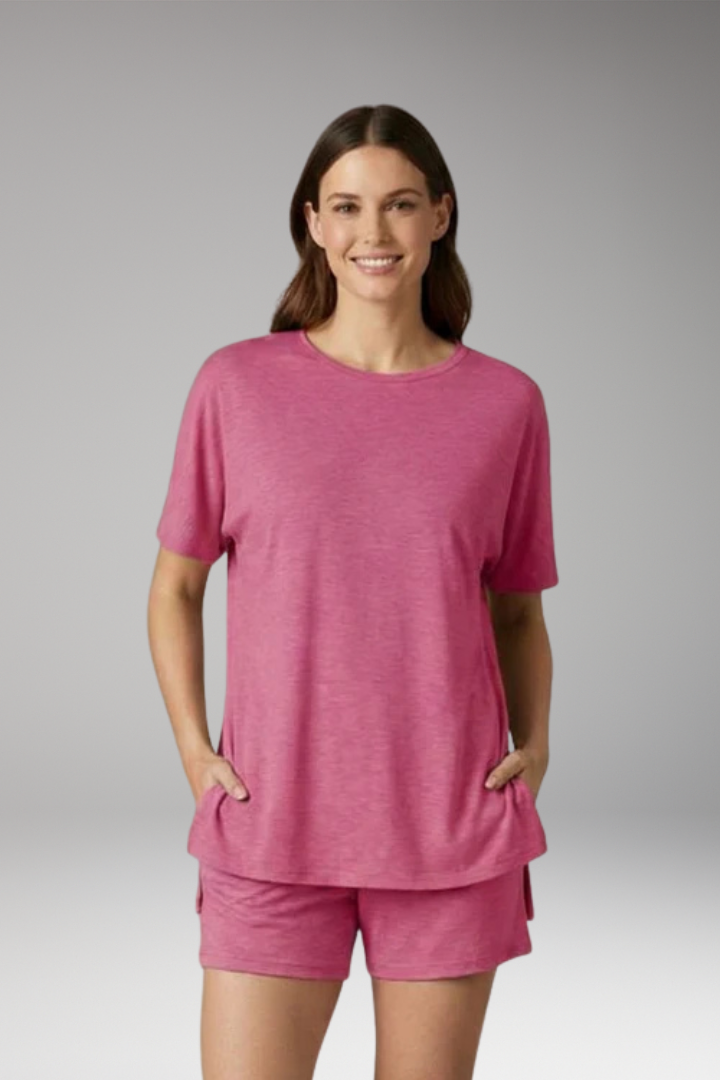 Women's T Shirt and Shorts Set with Round Neck Top