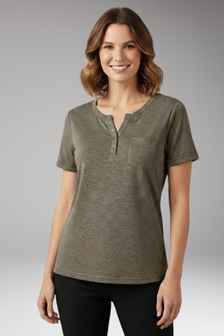 Women's T Shirt with Button Placket and Chest Pocket