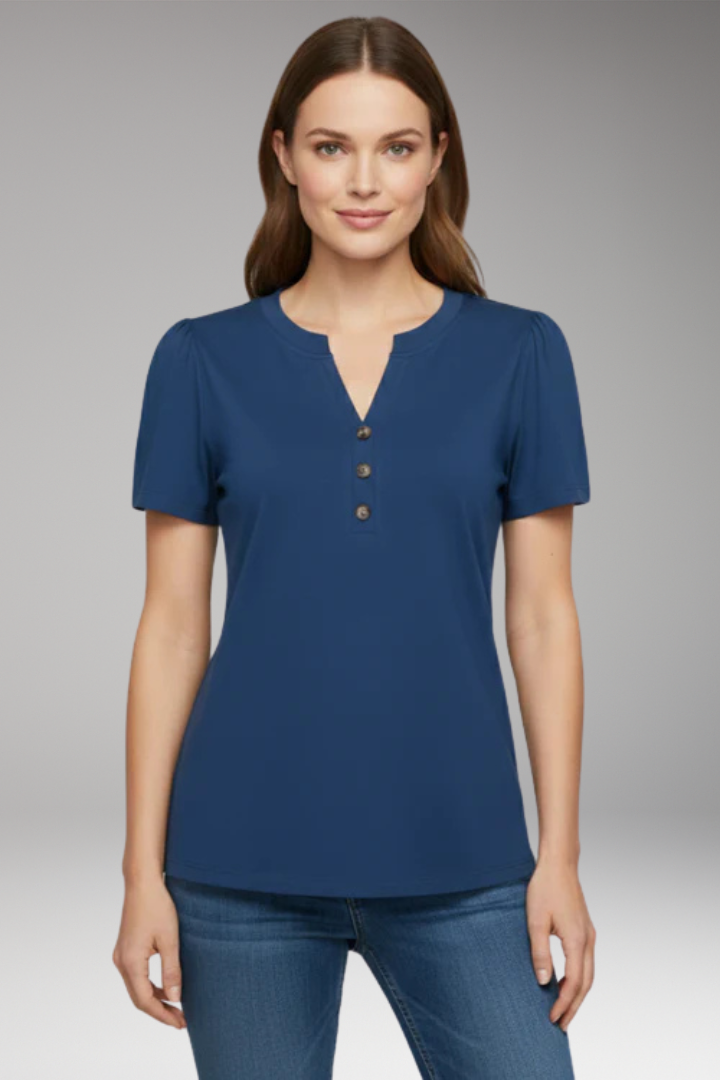 Women's T Shirt with Button Placket and Short Sleeves