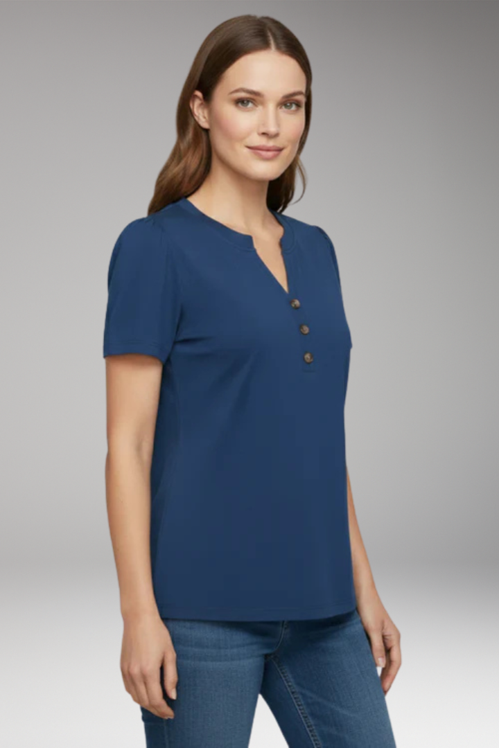 Women's T Shirt with Button Placket and Short Sleeves