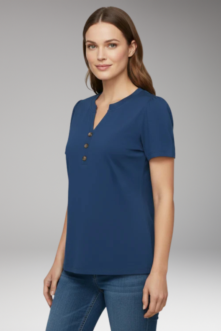 Women's T Shirt with Button Placket and Short Sleeves