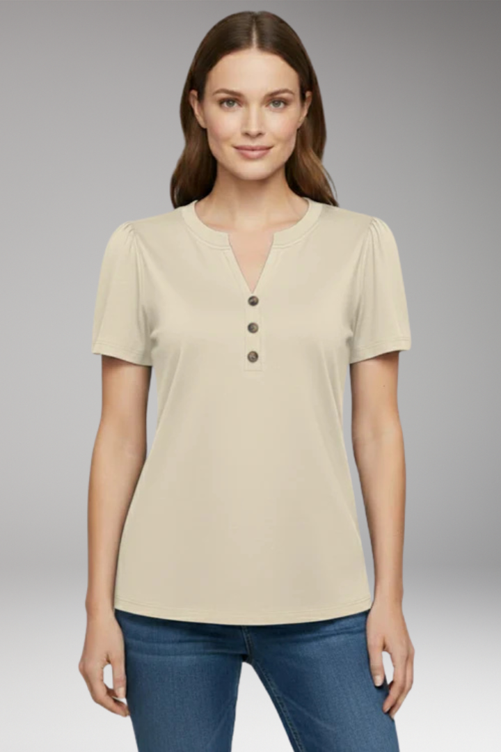 Women's T Shirt with Button Placket and Short Sleeves