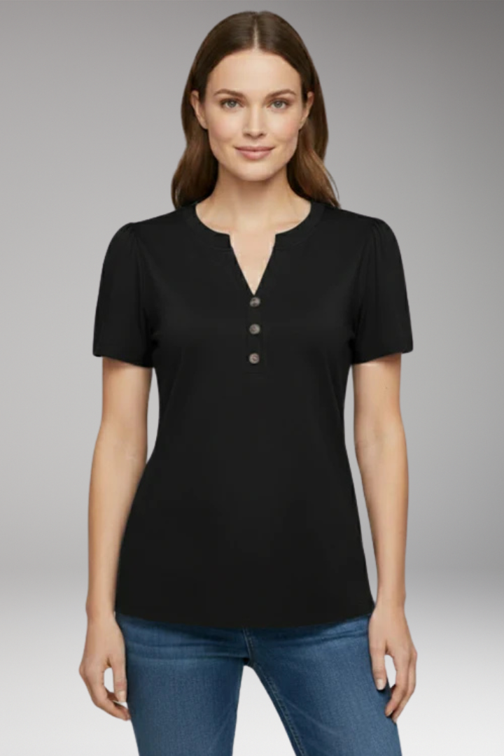 Women's T Shirt with Button Placket and Short Sleeves