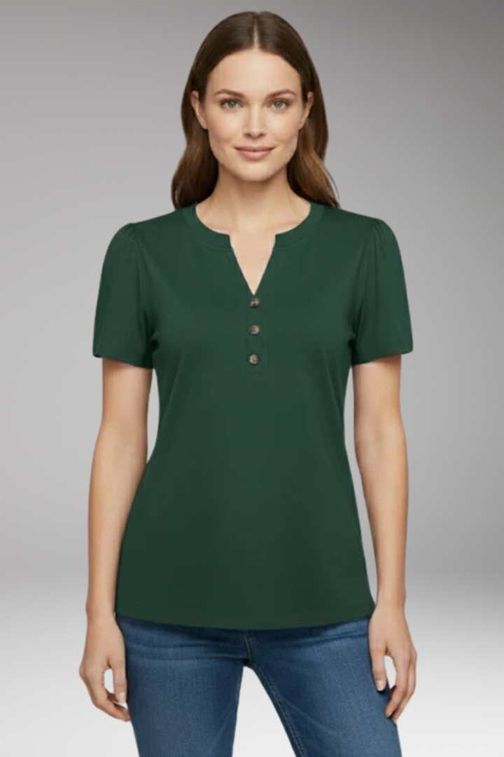 Women's T Shirt with Button Placket and Short Sleeves