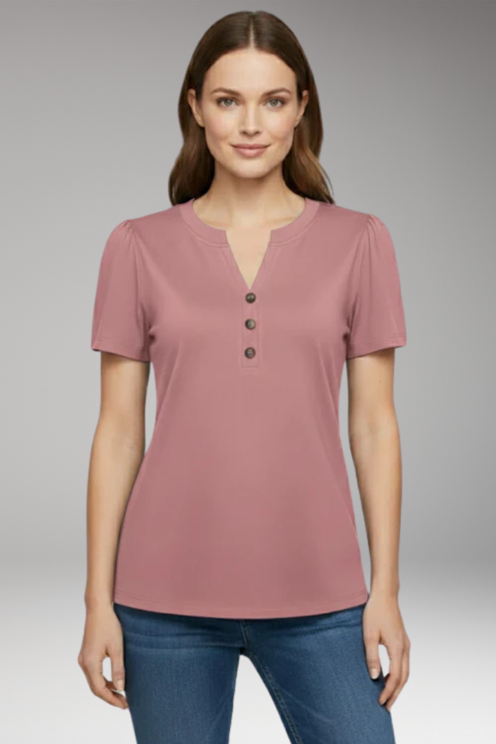 Women's T Shirt with Button Placket and Short Sleeves
