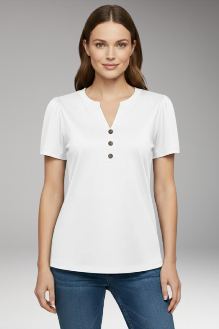 Women's T Shirt with Button Placket and Short Sleeves
