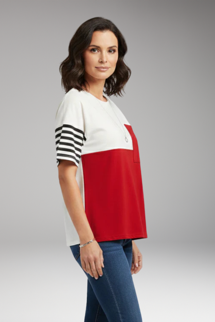 Women's T Shirt with Chest Pocket and Striped Sleeves