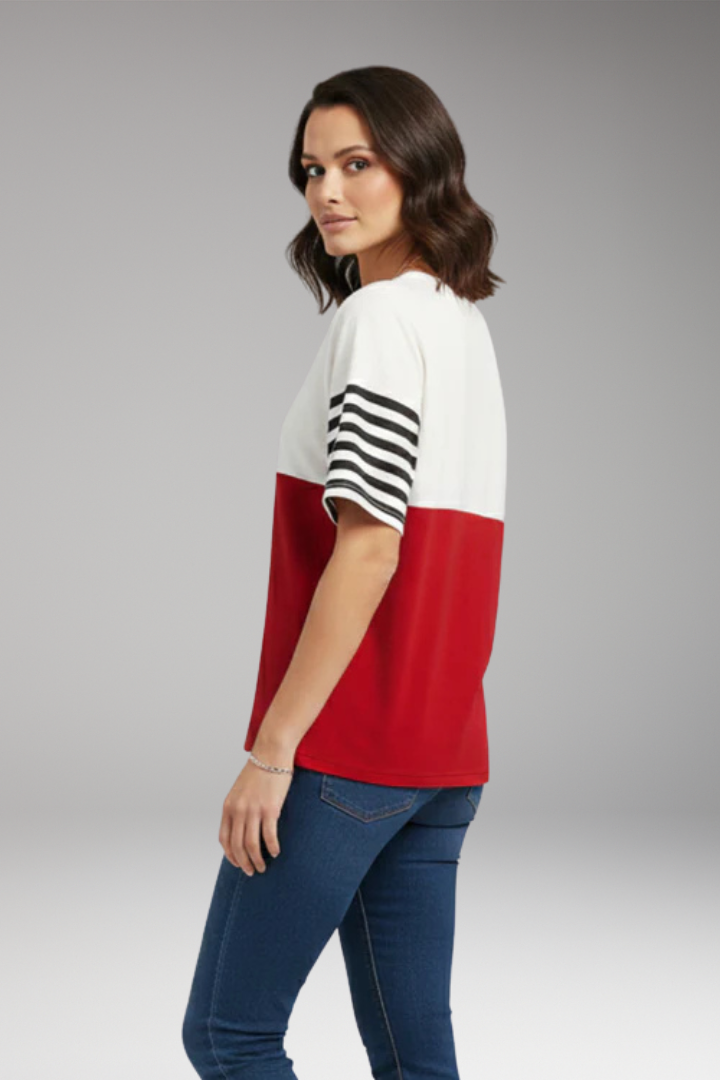 Women's T Shirt with Chest Pocket and Striped Sleeves