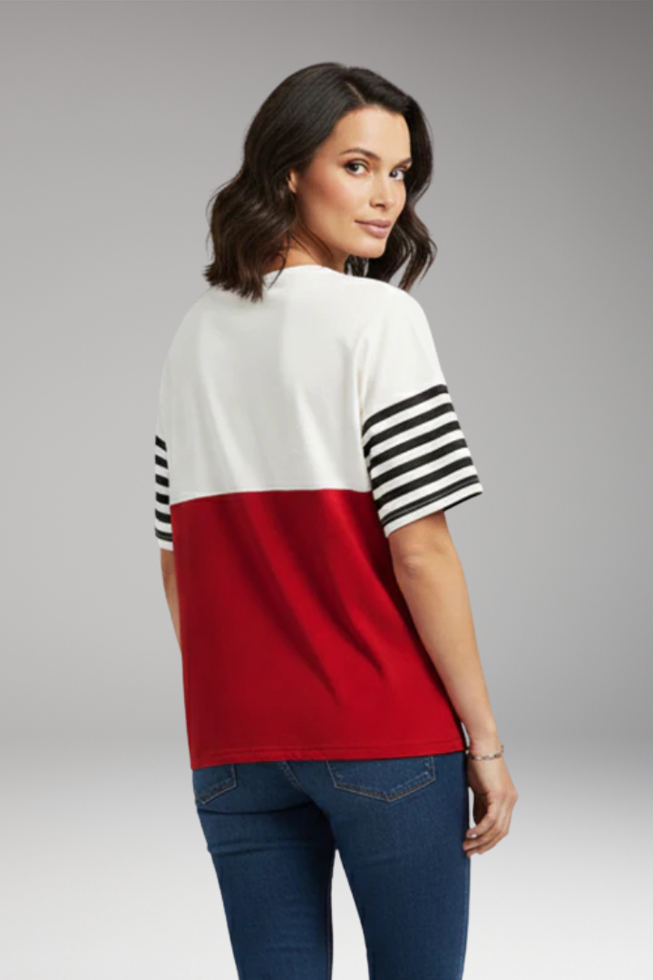 Women's T Shirt with Chest Pocket and Striped Sleeves