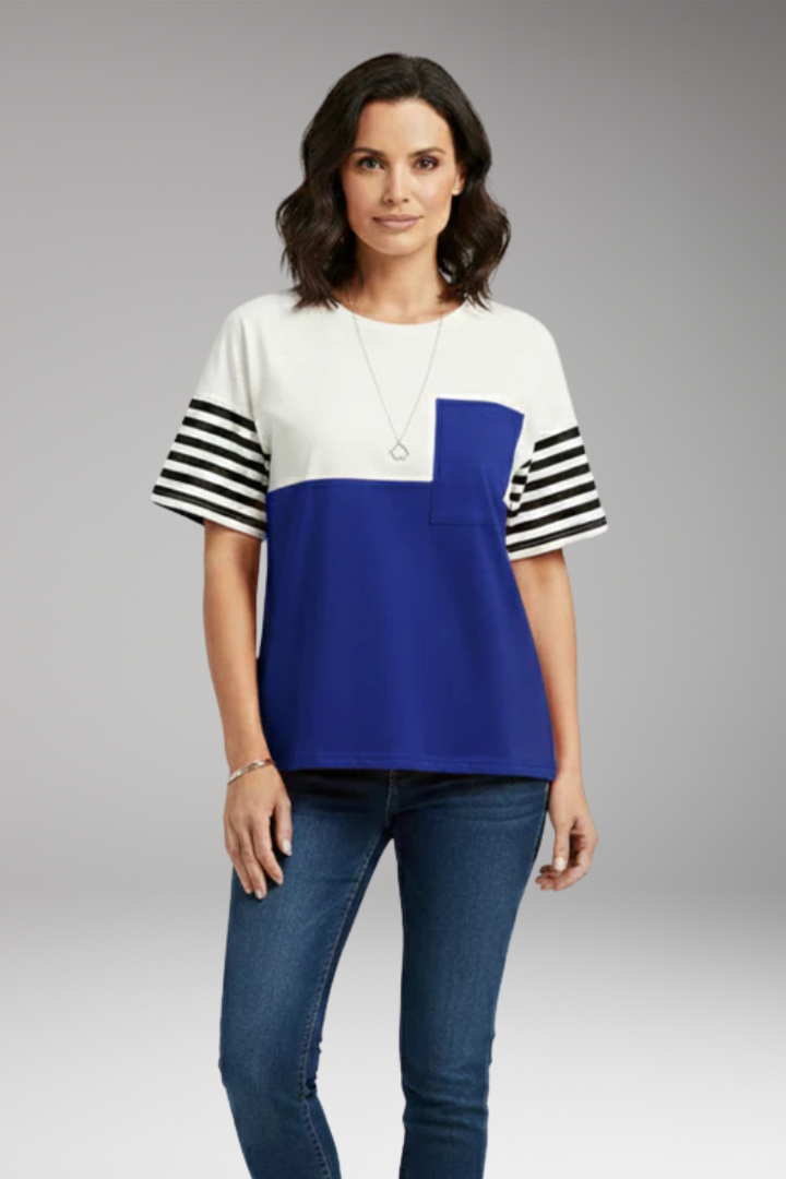 Women's T Shirt with Chest Pocket and Striped Sleeves