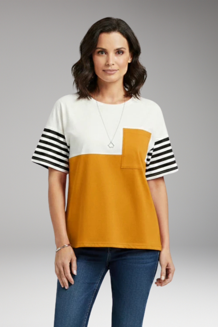 Women's T Shirt with Chest Pocket and Striped Sleeves