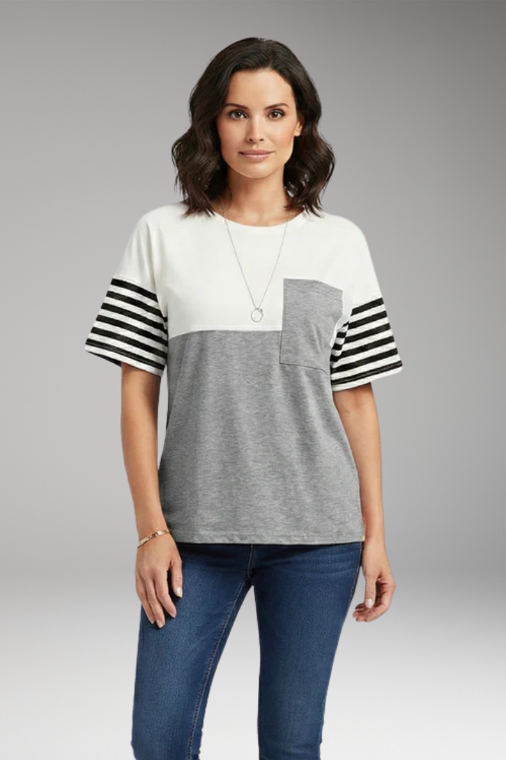 Women's T Shirt with Chest Pocket and Striped Sleeves