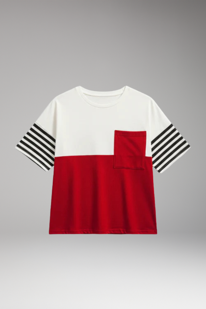 Women's T Shirt with Chest Pocket and Striped Sleeves