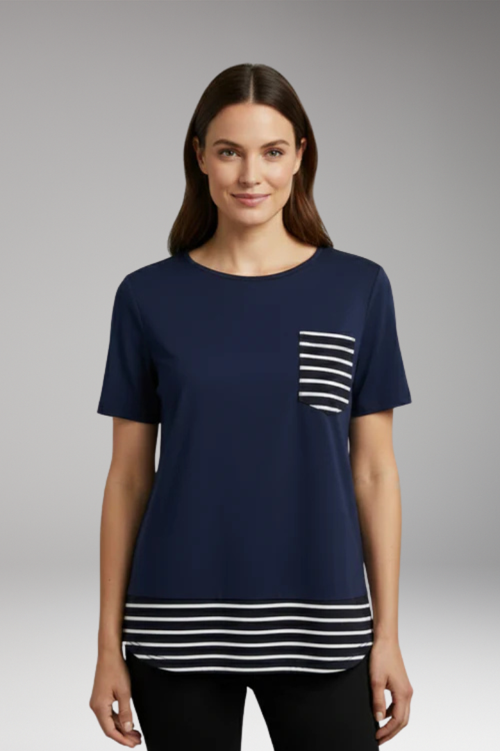 Women's T Shirt with Striped Hem and Chest Pocket