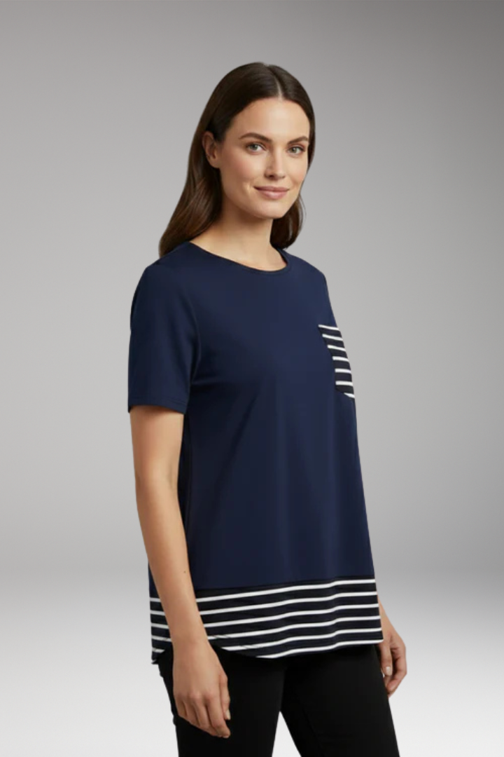 Women's T Shirt with Striped Hem and Chest Pocket
