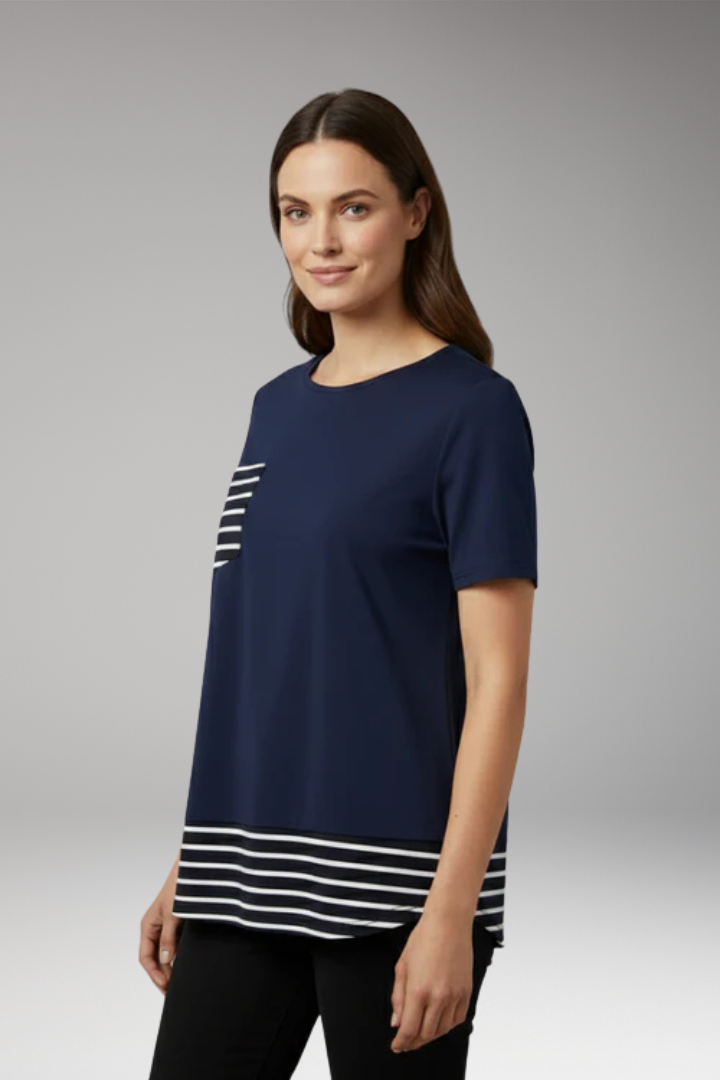 Women's T Shirt with Striped Hem and Chest Pocket