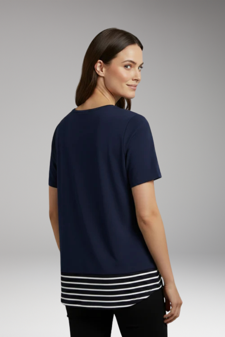 Women's T Shirt with Striped Hem and Chest Pocket