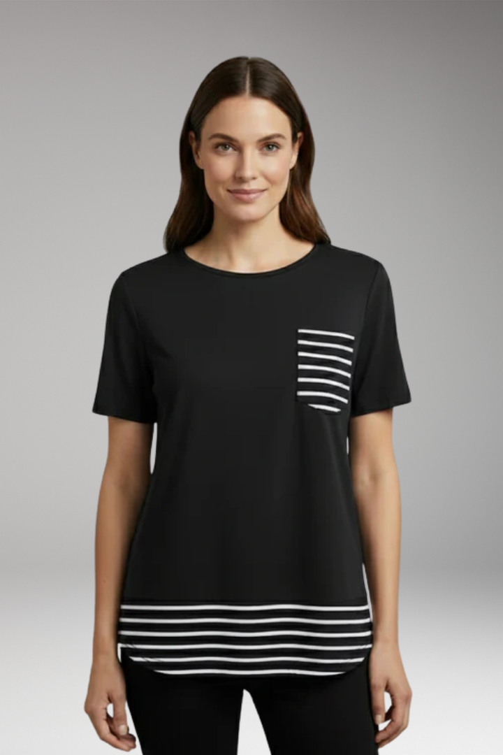 Women's T Shirt with Striped Hem and Chest Pocket