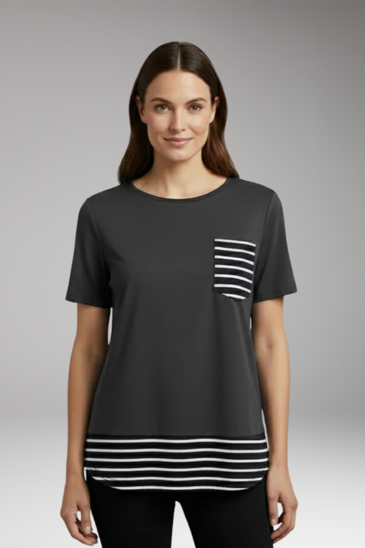 Women's T Shirt with Striped Hem and Chest Pocket