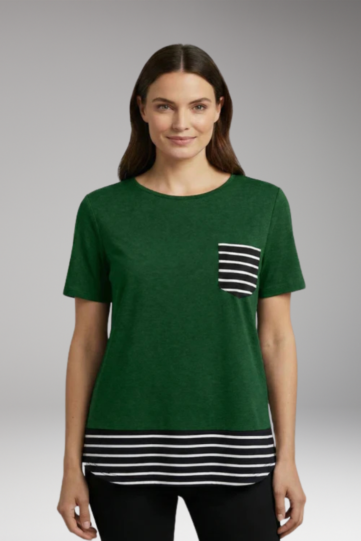 Women's T Shirt with Striped Hem and Chest Pocket