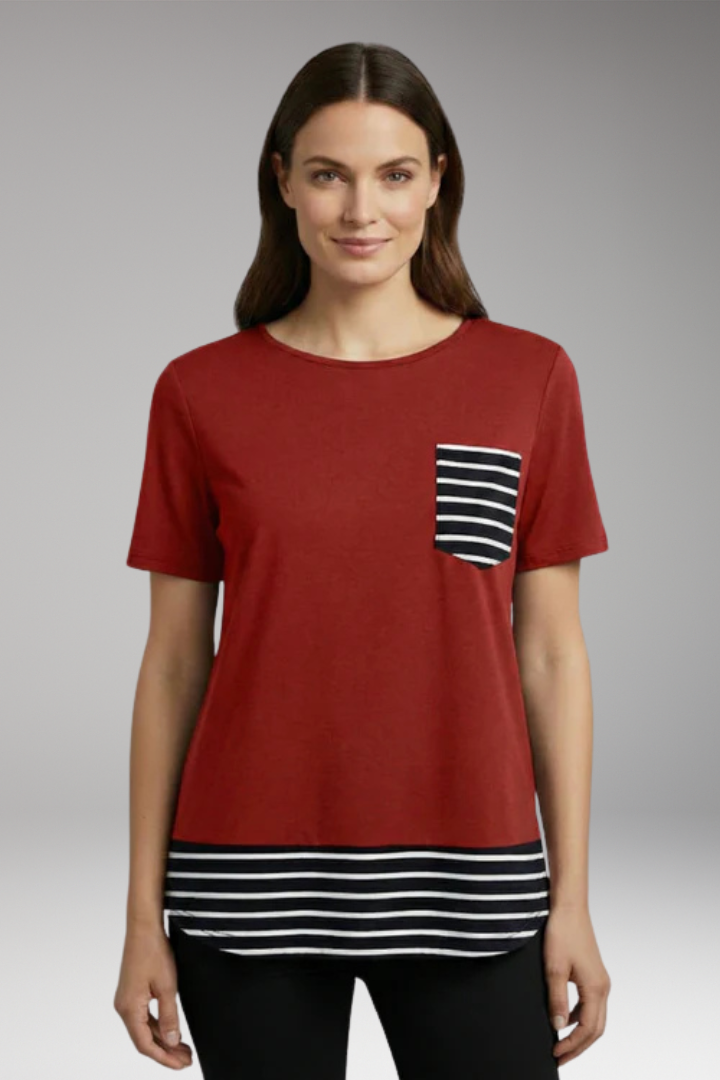 Women's T Shirt with Striped Hem and Chest Pocket