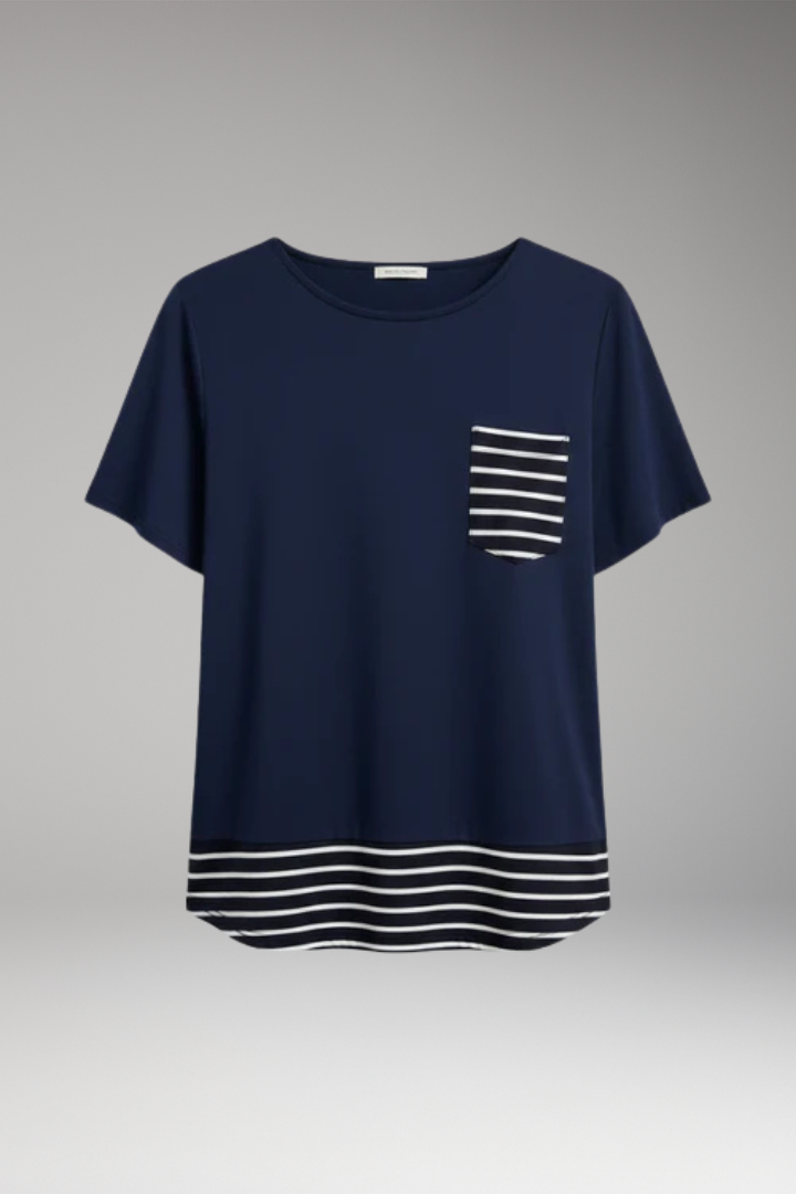 Women's T Shirt with Striped Hem and Chest Pocket