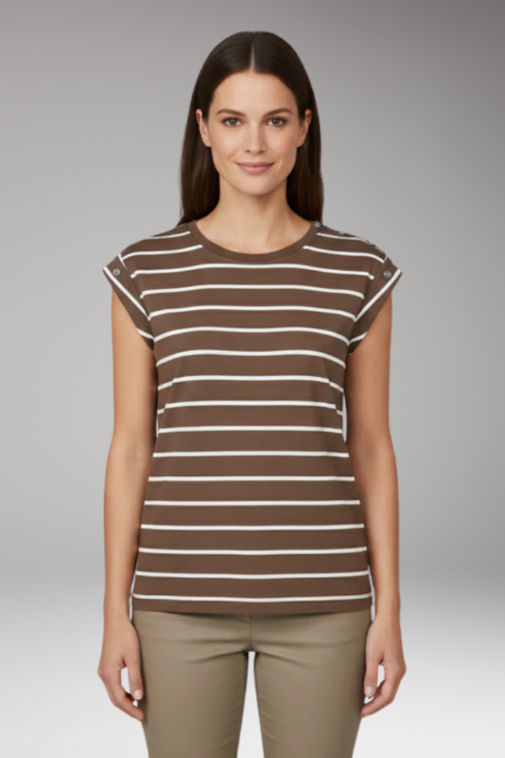 Women's T Shirt with Striped Pattern and Button Shoulder