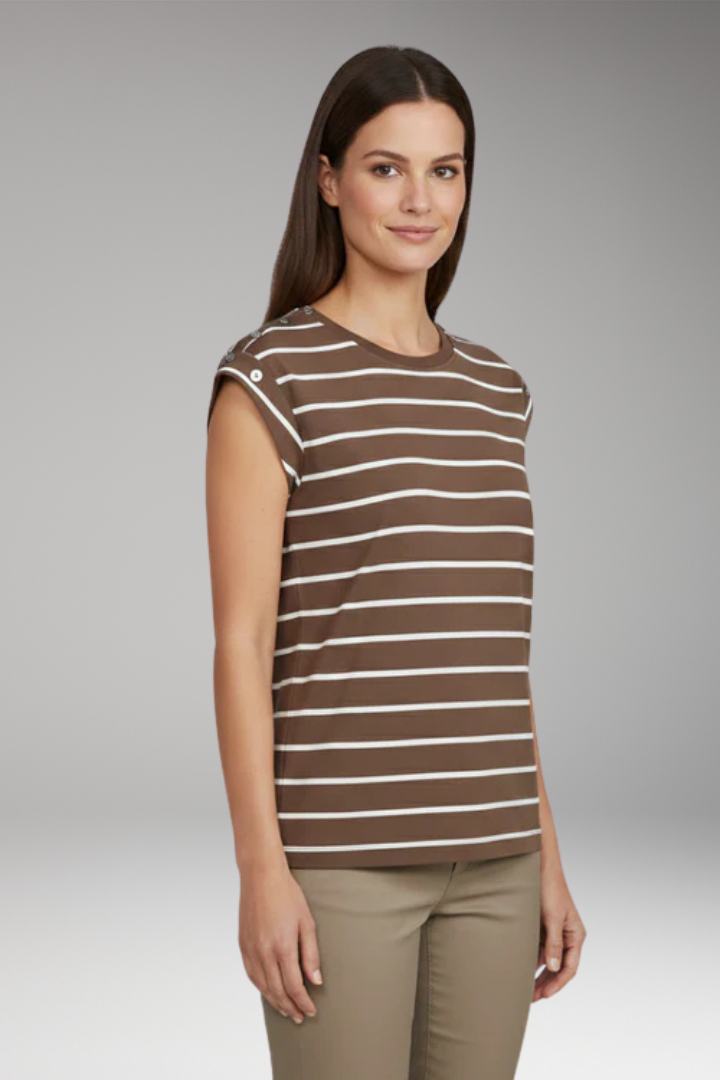 Women's T Shirt with Striped Pattern and Button Shoulder