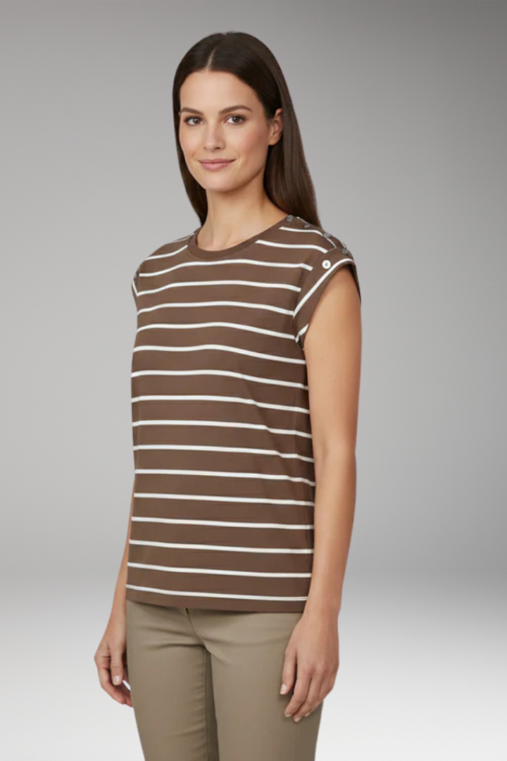 Women's T Shirt with Striped Pattern and Button Shoulder