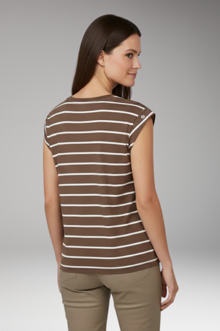 Women's T Shirt with Striped Pattern and Button Shoulder