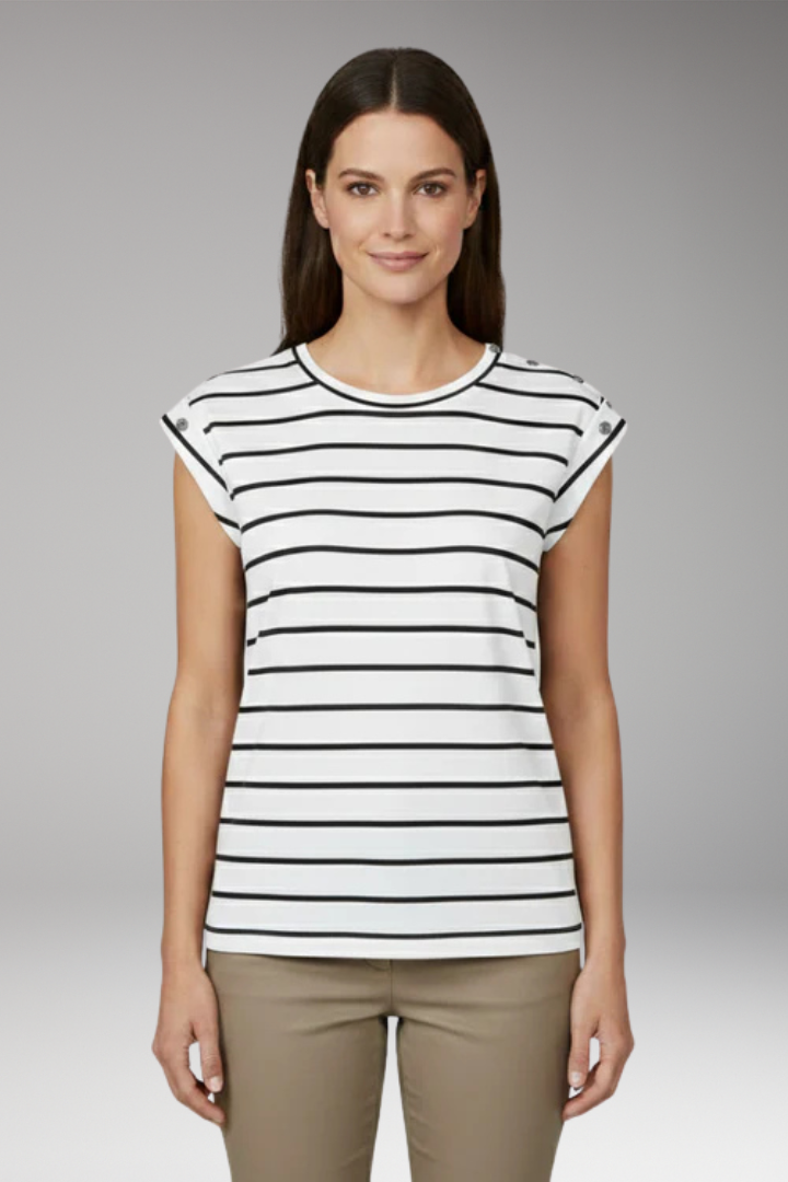 Women's T Shirt with Striped Pattern and Button Shoulder