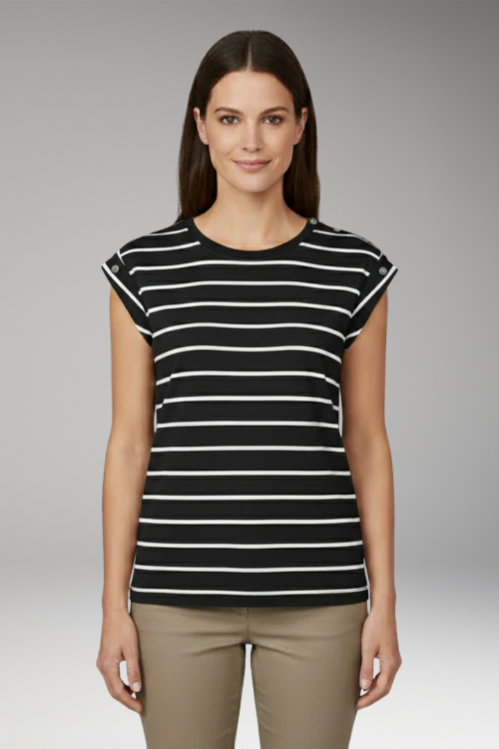 Women's T Shirt with Striped Pattern and Button Shoulder