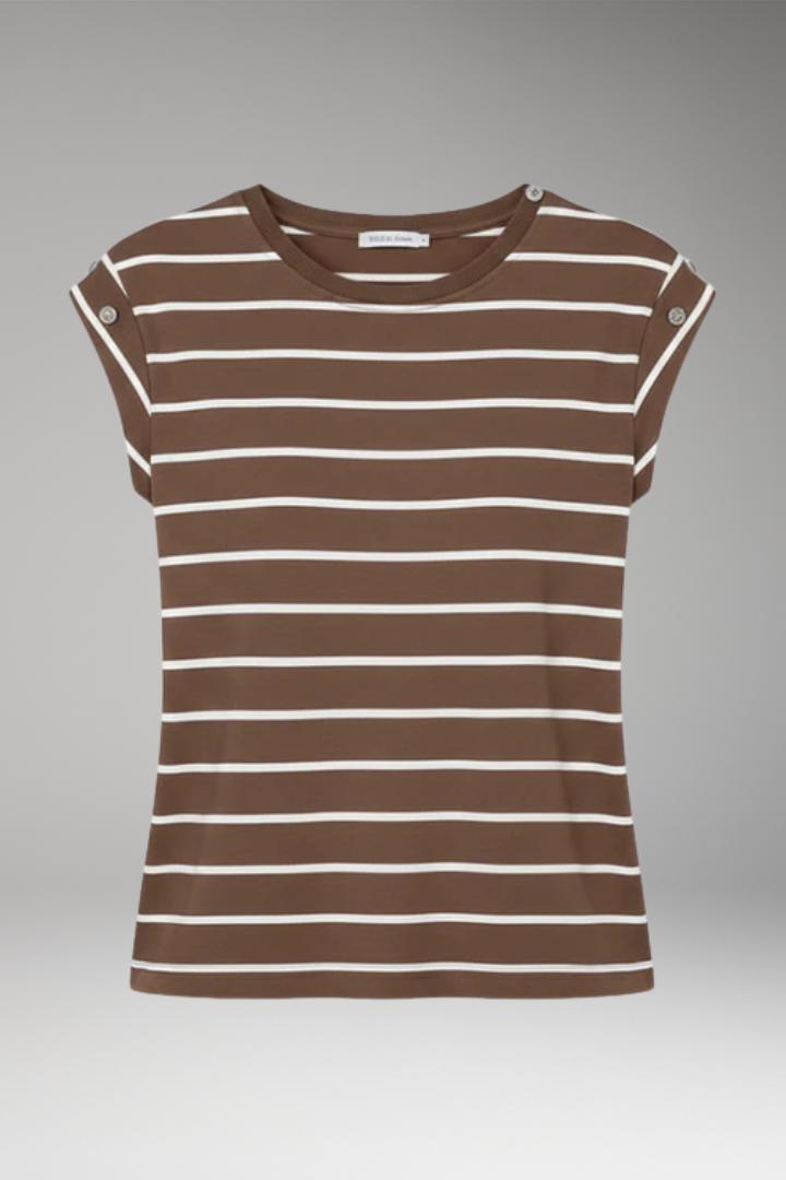 Women's T Shirt with Striped Pattern and Button Shoulder
