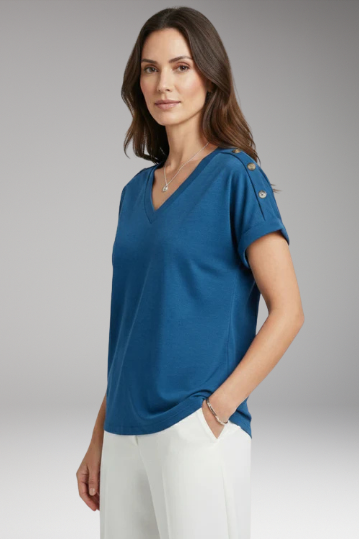 Women's T Shirt with V Neck and Buttoned Sleeves