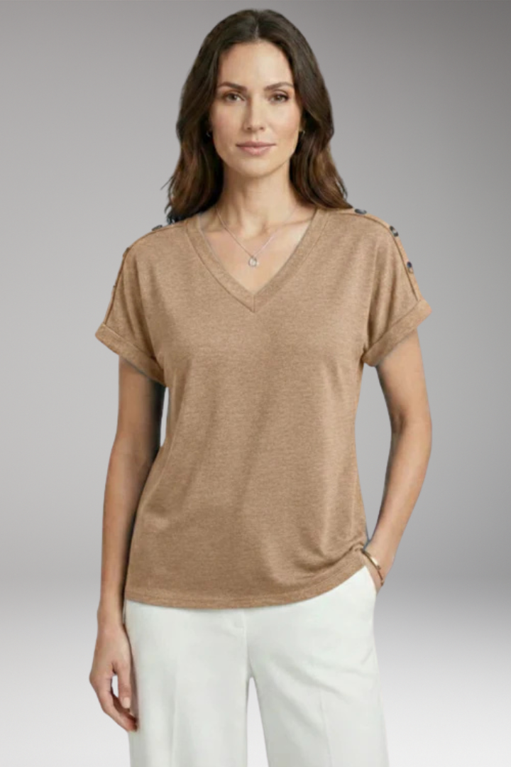 Women's T Shirt with V Neck and Buttoned Sleeves