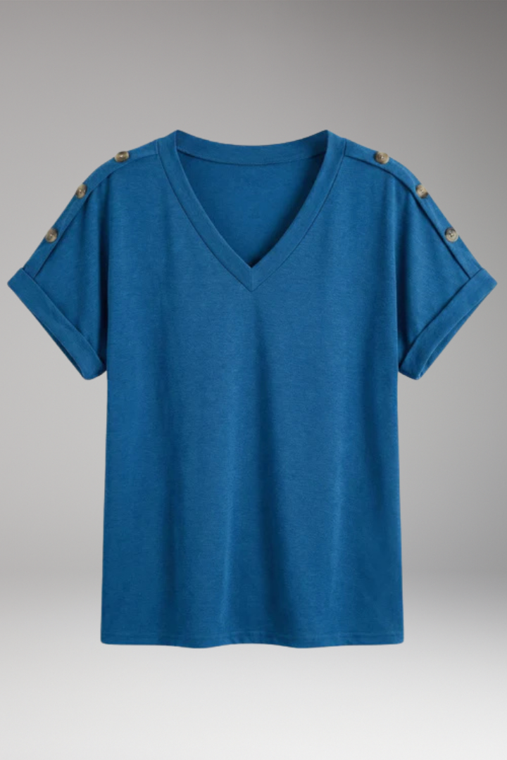 Women's T Shirt with V Neck and Buttoned Sleeves