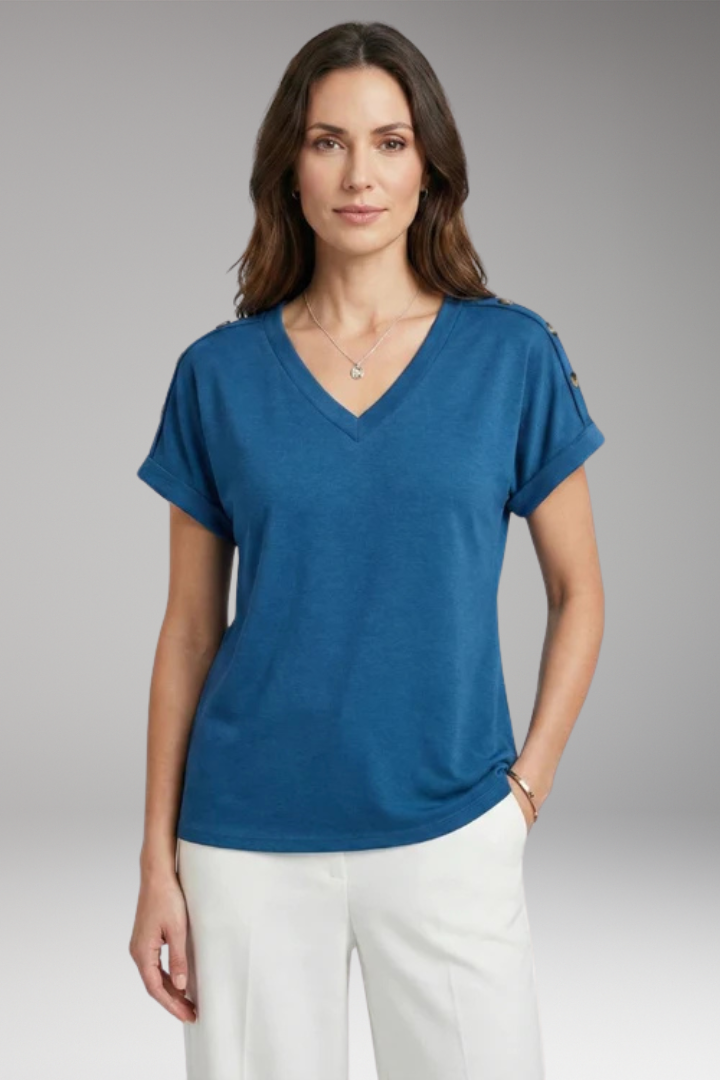 Women's T Shirt with V Neck and Buttoned Sleeves