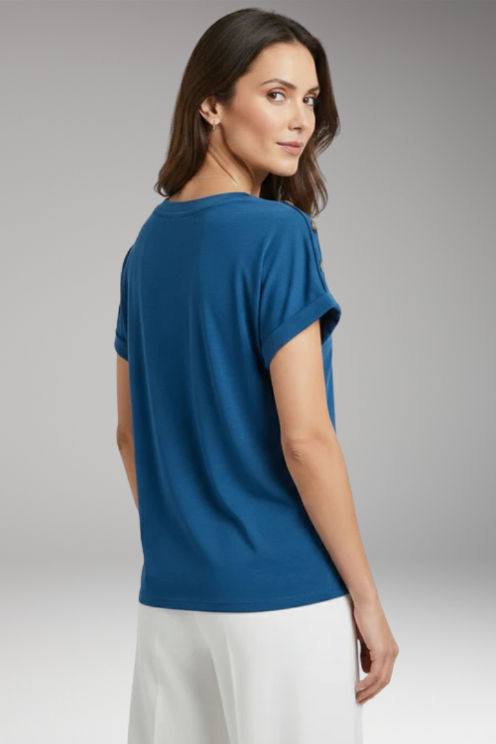 Women's T Shirt with V Neck and Buttoned Sleeves