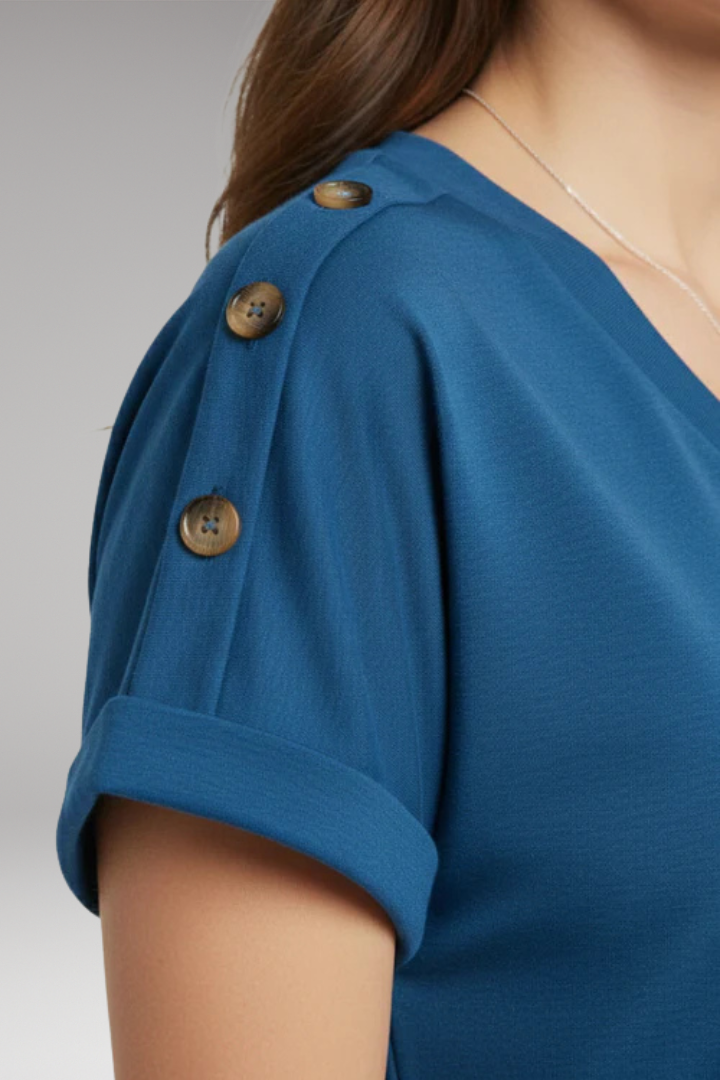 Women's T Shirt with V Neck and Buttoned Sleeves