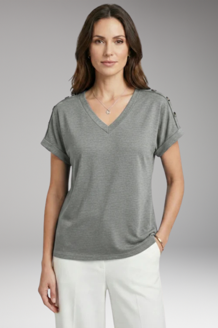 Women's T Shirt with V Neck and Buttoned Sleeves