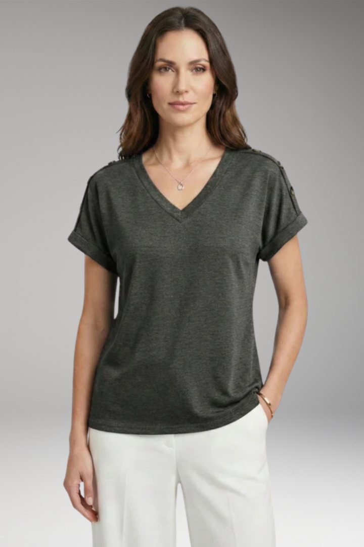 Women's T Shirt with V Neck and Buttoned Sleeves